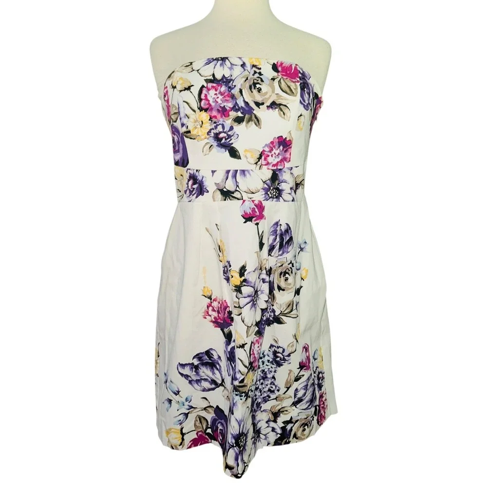 White House Black Market Floral Strapless Dress Purple Pink Cotton Pockets 8 A6